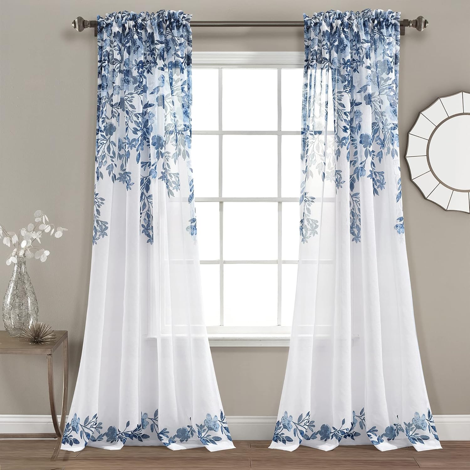 Lush Decor Tanisha Curtains - Sheer Window Panel Set - Floral Vine Print, Beautiful, Modern, Elegant Home Decor - 38 W x 95 L, Navy & White