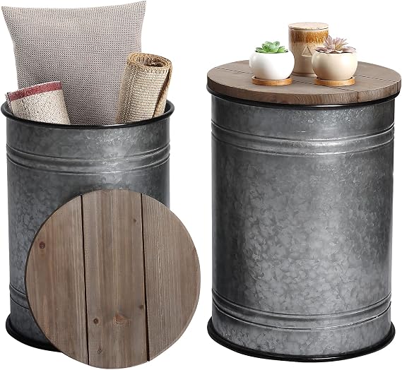 RUSTOWN Farmhouse Accent Side Table, Rustic Storage Ottoman Seat Stool, Galvanized Antique Metal End Table Box Bin with Round Wood Lid, Coffee or