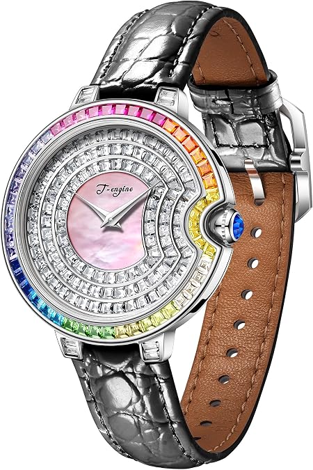 Luxury Women's Watch with Genuine Leather Strap, Diamond Inlay,Fashion Design - Elegant Watches for Ladies