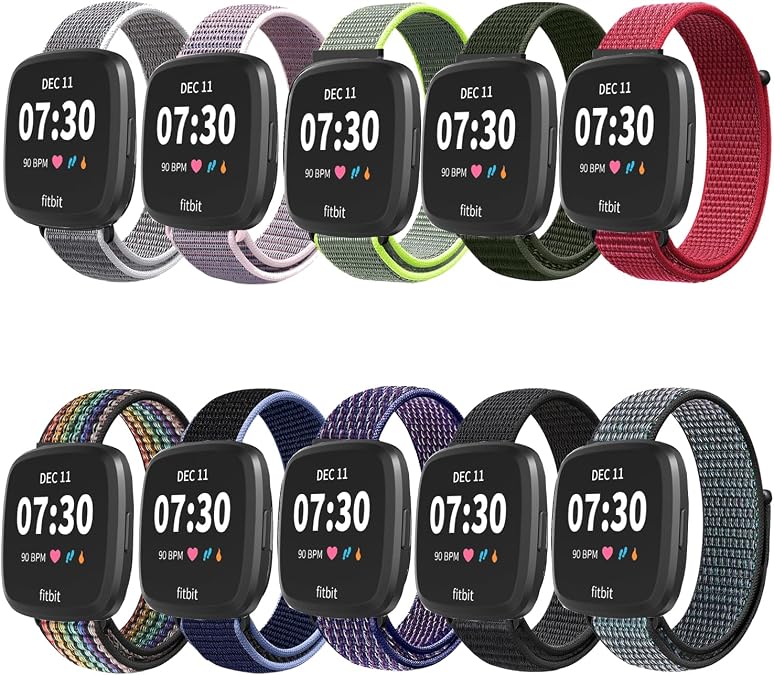 10 Packs Nylon Band Compatible with Fitbit Versa 2/Versa/Versa Lite/Versa SE for Women Men, Adjustable Sport Stretchy Braided Solo Loop Strap for Fitbit Versa 2