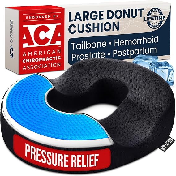 5 STARS UNITED Donut Pillow for Tailbone Pain & Hemorrhoids Large Memory Foam Lifting Cushion with Cooling Gel Layer for Bed Sore-Prone Areas & Pressure Relief Black Mesh Cover