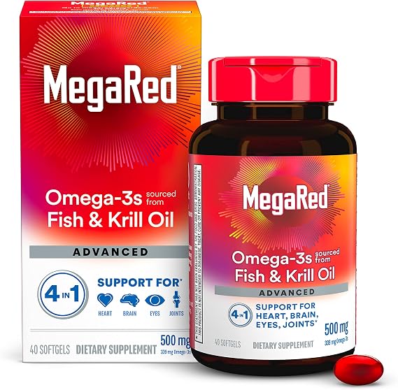 MegaRed Advanced 4in1 Omega-3 Fish Oil + High Absorption Krill Oil 500mg, Concentrated Omega-3 Fish & Krill Oil Supplement for Heart, Joints, Brain & Eyes, 40 Count