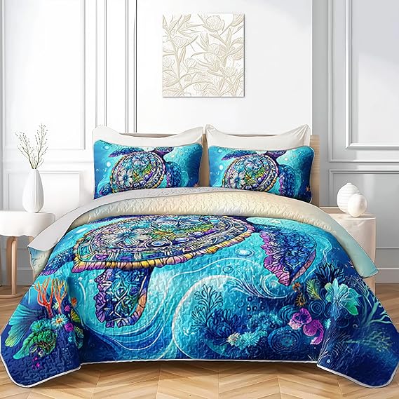 Blue Turtle Quilts Bedding Set Full 3Pcs for Kid Boy Girl Teen Adult