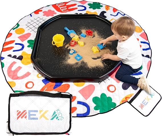 MEKA Tuff Tray Large 38"x38" Black + Waterproof Sensory Mat 67" White, Activity Tray with playmat for Kids Creative, Messy, Everyday Fun, Children and Toddlers Stuff, Outdoor and Indoor