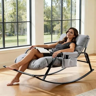 Oversized Papasan Rocking Chair, 35.8 Extra-Wide Sling Rocking Chair for Nursery & Patio, Waterproof Technical Leather Glider for Living Room Reading, Modern High Back Lounge Chair with Foot Rest