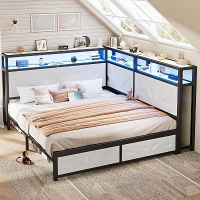 Corner Queen Size Bed Frame with Headboard and Storage Bookcase Large Capacity Farmhouse Bed Frame with LED Lights and Charging Station for Kids Corner Storage Bed
