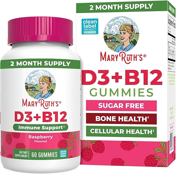 MARYRUTH'S Vitamin D3 + B12 Gummies for Ages 4+ | Sugar Free | Bone Health | Immune Support | Energy Metabolism | Cognitive Function | Vegan | Non-GMO | Gluten Free | 60 Servings | 2 Month Supply