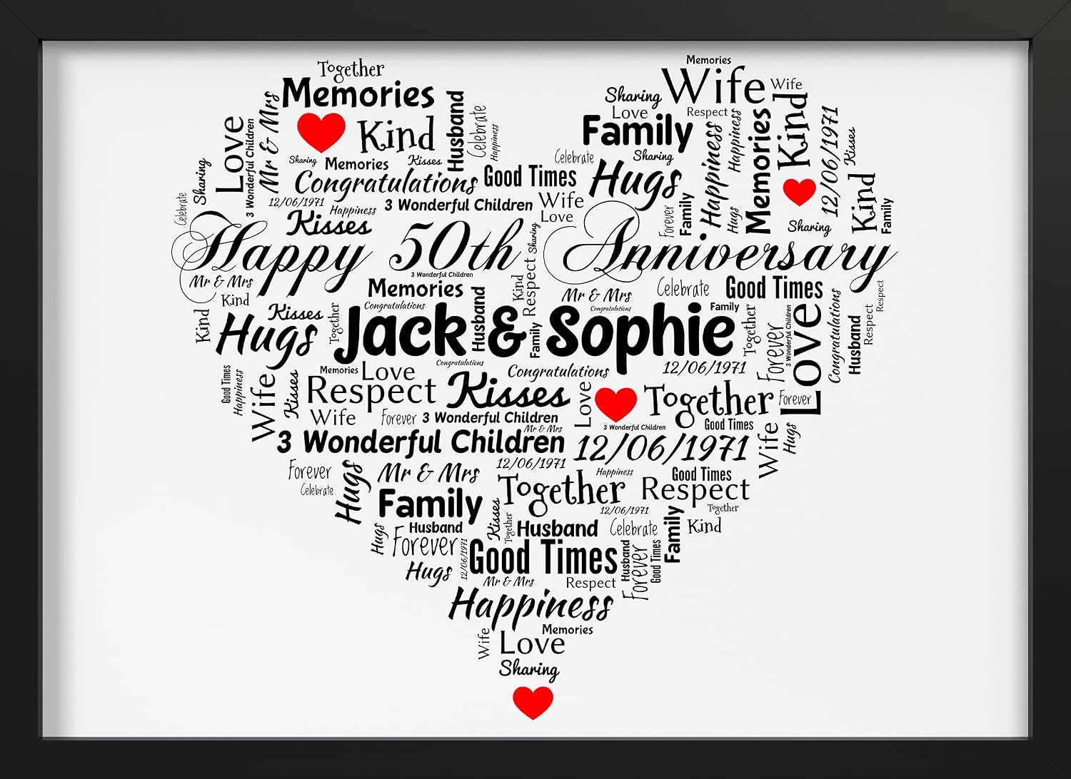 Personalised Anniversary Gifts - 50th Wedding Anniversary Gifts for Wife or Husband Word Art Personalised Heart Print for Any Year - Unique Presents - for Parents Couples Partners Him Her - Mum & Dad