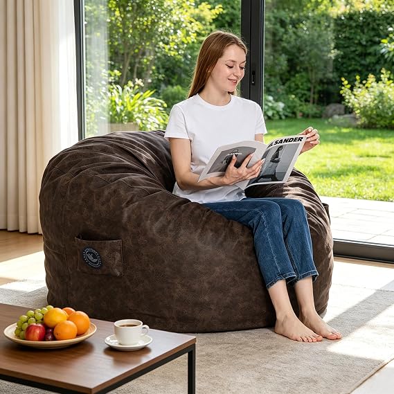 4FT Bean Bag Chair for Adults, Oversized Bean Bag Sofa, Soft Supportive Bean Bags with Durable Removable Cover for Living Room, Bedroom, Gaming Room, Kids & Teens-Cover-Leather-Brown