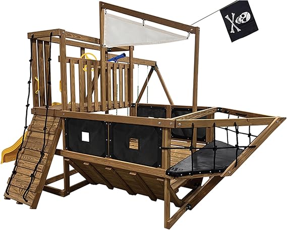 Pirate Ship RTA Kit Playset with Swing Seats, Rock Wall, Telescope, Wheel, and Play Deck