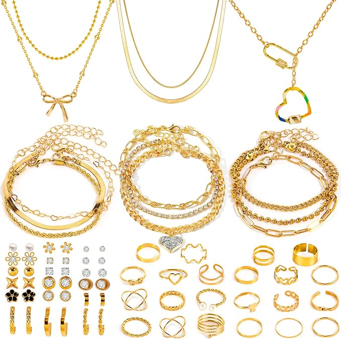 Golden Jewelry Sets for Women Fashion Costume Jewelry Includ Necklace Bracelet Rings Earrings Set
