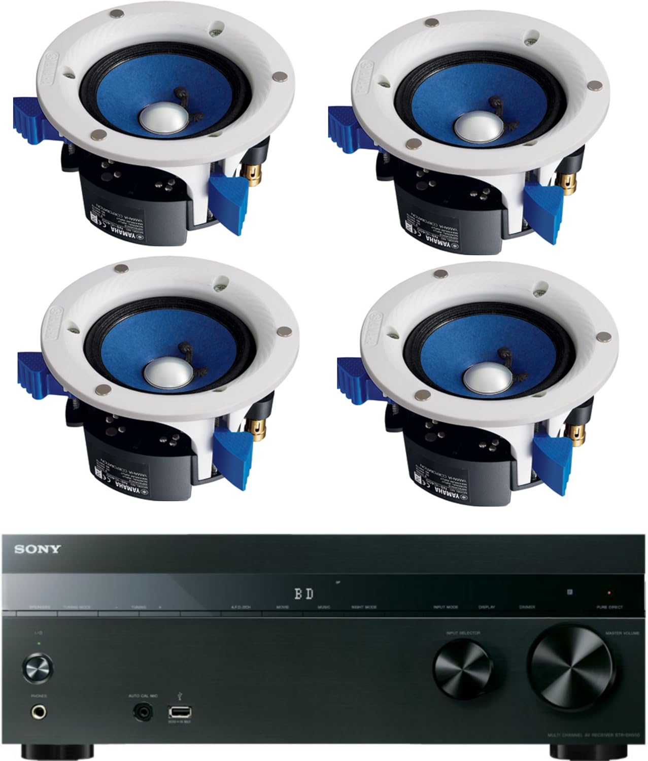 Sony 5.2-Channel 725-Watt 4K AV Home Theater Receiver  Yamaha High-Performance Moisture Resistant 2-Way 90 watts Surround Sound in-Ceiling Speaker System Set of 4