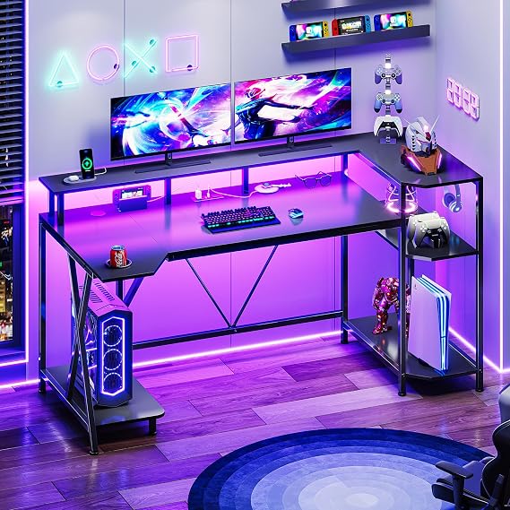 SEDETA Gaming Desk 55'' with LED Lights and Storage Shelves, Black