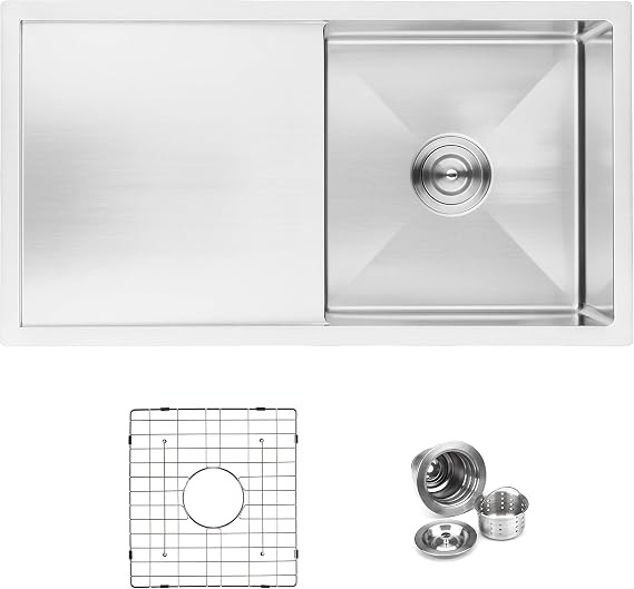 BAI 1230 Stainless Steel 16 Gauge Kitchen Sink Handmade 33-inch Undermount Single Bowl with Drainboard