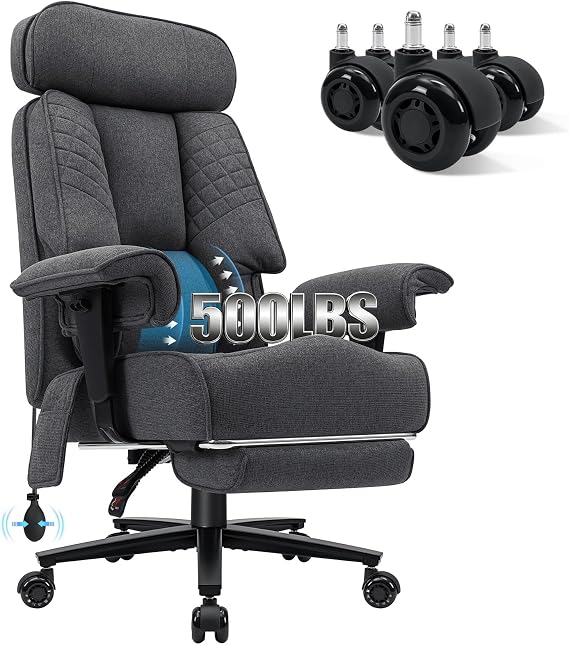 HOFFREE 500lbs Big and Tall Office Chair with Adjustable Lumbar Support | Wide Seat Executive Office Chair for Heavy People High Back Computer Desk Chair for Gaming,Working,Grey Fabric