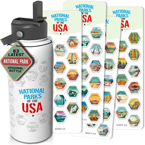 National Parks Water Bottle With Waterproof Stickers Wrap Around- Stainless Steel Insulated Vacuum Sealed 32 oz With Leak Proof Lid National Park WHITE V2
