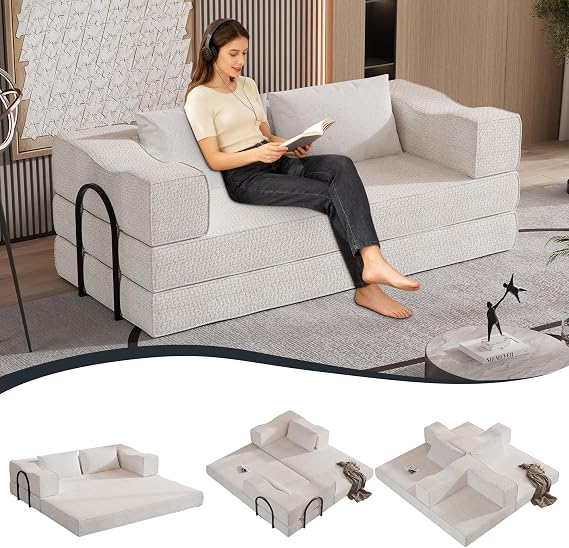 GNIXUU Convertible Sleeper Sofa Bed, 4 in 1 King Size Folding Loveseat Futon Couch with 2 Pillows, Chenille Modular Boneless Couches for Living Room Bedroom Apartment Office, No Assembly, Beige