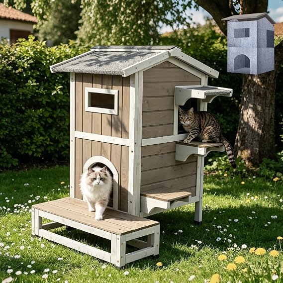 Outdoor Cat House Weatherproof, Wooden Feral Shelter with 4 Escape Doors