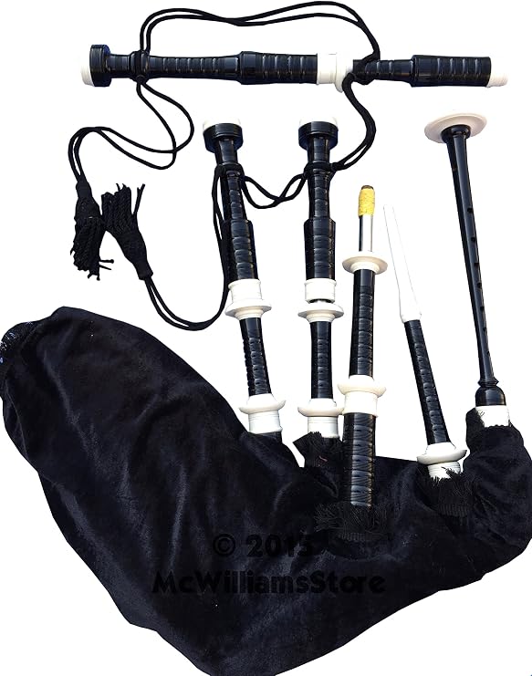 McWilliams BAGPIPE, PROFESSIONAL SCOTTISH HIGHLAND BAGPIPE IVORY MOUNTS VELVET TARTEN AND BAG