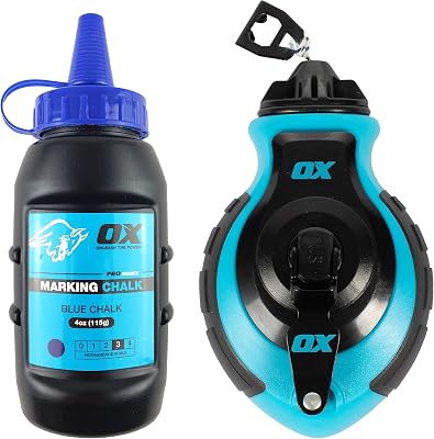 OX Tools Professional Chalk Line Reel & Chalk Powder Combo Pack, 6-to-1 gear ratio, 100 8 Strand Strong compact chalk line and Blue Chalk Powder | P503502