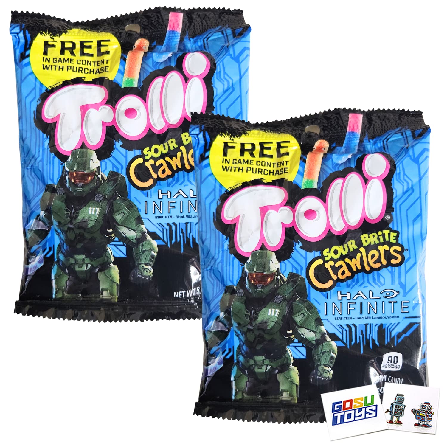 Trolli Sour Brite Crawlers Halo Infinite 5oz bag 2 Pack with 2 Gosutoys Stickers
