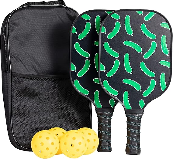 Pickleball Paddle Set of 2 with Pickle Design, USAPA Approved Carbon Fiber Paddles, 4 Balls and Carry Bag, Funny Beginner Pickleball Gift Set