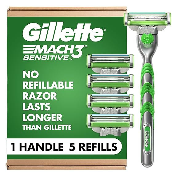 Gillette Mach3 Sensitive Shaving Razor for Men, 1 Handle and 5 Blade Refills, for Sensitive Skin