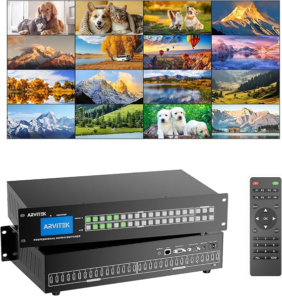 4K HDMI Matrix 16x16 w/Web & AUX Audio Output, ARVITEK Matrix Switcher 16 in 16 Out Support LAN/RS232/IR/APP Switch, Fit 2U Rackmount Rack