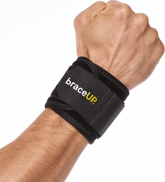 BraceUP Wrist Compression Strap - Wrist Wrap, Wrist Band, Brace for Tendonitis, Tennis, Gym, Workout, One Size Adjustable (Black), 1 PC