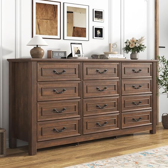 chartustriable Farmhouse 12 Drawer Dresser for Bedroom, 63 Wood Chest of Drawers with Rustic Handles, Wide Closet Dressers Organizer, Living Room, Hallway, Bedroom Furniture, Rustic Brown