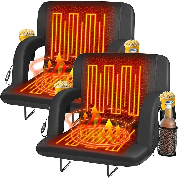 Seeutek 25" Heated Stadium Seats with Back Support, 2.5 Thick Cushion, 2PC | 6 Adjustable Angle Bleacher Seat with Armrest, 3 Heat Levels(NO Battery), Anti-Slip, Comfy Cushion, 2 Pockets & Cup Holders