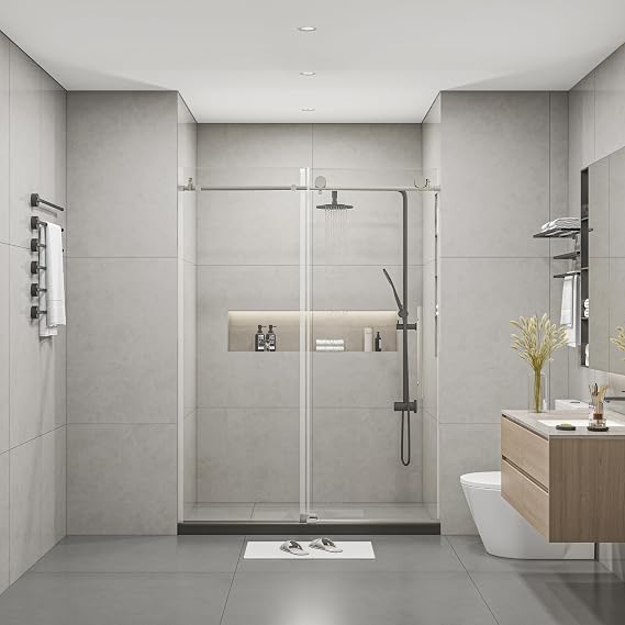 Frameless Sliding Shower Door 60" W x 76" H, 5/16" (8mm) Clear Tempered Glass Shower Door with Handle & Seal Strip for Waterproof, Stainless Steel Hardware, Brushed Nickel Finish