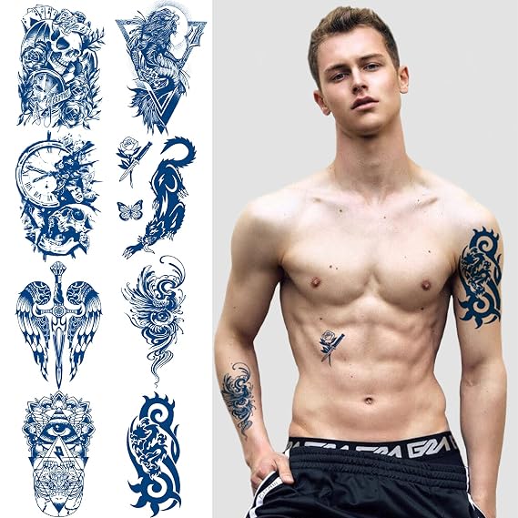 Aresvns Semi-Permanent Tattoos for Men, Realistic Temporary Tattoos Waterproof & Long-Lasting 2-3 Weeks,Lifelike Dark Blue Halloween Fake Tattoo Stickers 6 Sheets Christmas Gift