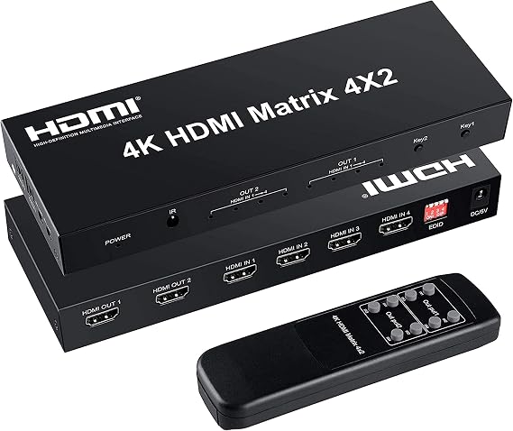 4x2 HDMI Matrix Switch, 4 in 2 Out Matrix HDMI Video Switcher Splitter + Optical & L/R Audio Output, Support Ultra HD 4K,3D 1080P, Audio EDID Extractor with IR Remote Control | HDMI Matrix Switch Supports Audio Extractor, Auto Downscaler, HDMI2.0, HDCP2.2 and 3D for PS5, Xbox, TV and Monitor