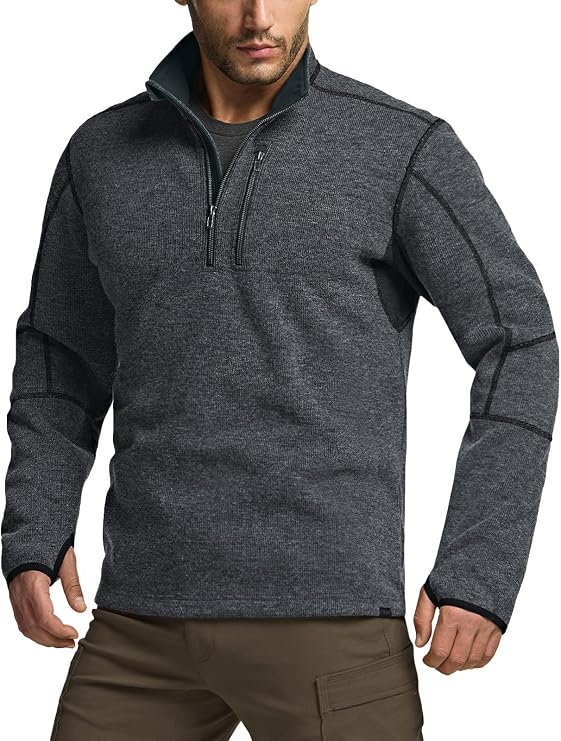 CQR Men's Quarter Zip Utility Fleece Pullover, Outdoor Casual Thermal Sweater, Chest Zipper Pocket, Mock Neck Long Sleeve