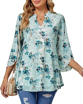 BAISHENGGT Womens Dressy Tops 3/4 Bell Sleeve Elegant V Neck Double Layers Mesh Blouses Tunic Tops