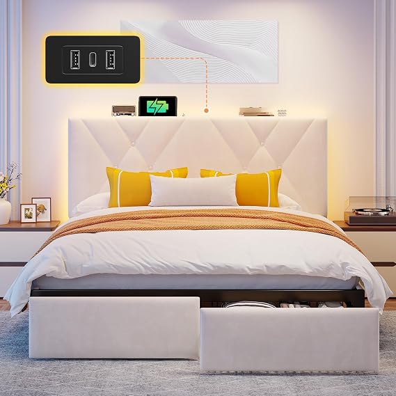 EnHomee Queen Bed Frame with 2 Storage Drawers,LED & Charging Station,Beige | Adjustable upholstered headboard, Noise-free for small space & families,Easy Assembly, No box spring needed,Velvet
