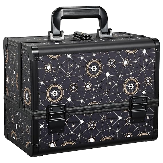 Joligrace Galaxy Printed Makeup Train Case, 3-Tier Makeup Storage Box, Portable Makeup Organizer, Hard Makeup Case with Mirror and Lock, Professional Makeup Case for Women