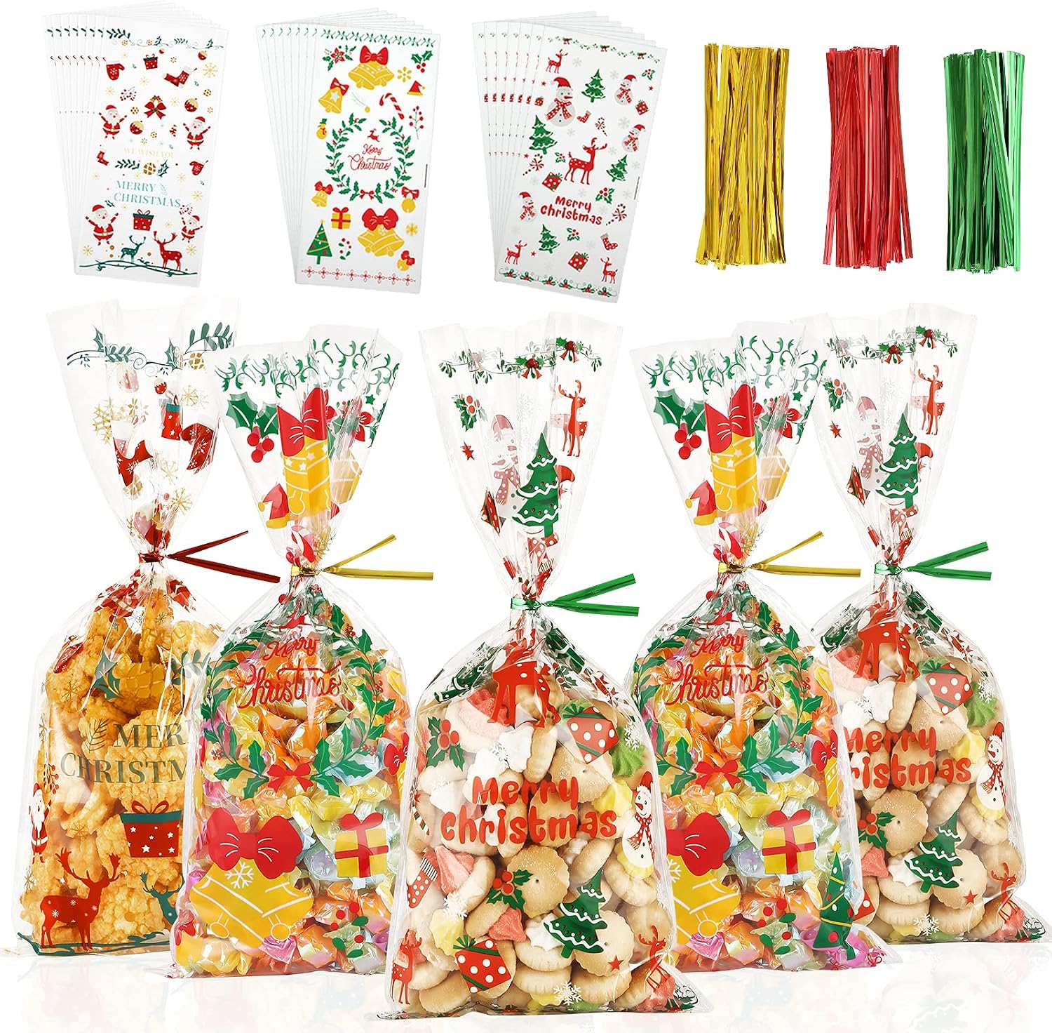 RFWIN 102Pcs Christmas Cellophane Bags Clear Treat Bag, Xmas Cello Bags Kids Christmas Party Favor Bags with Gold Red Green Twist Ties for Snack Cookies