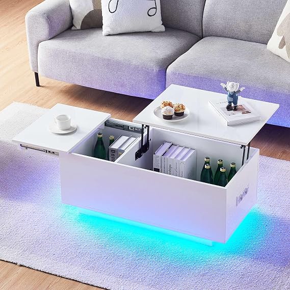 CLIPOP Coffee Table Height Adjustable High Gloss LED and Socket White