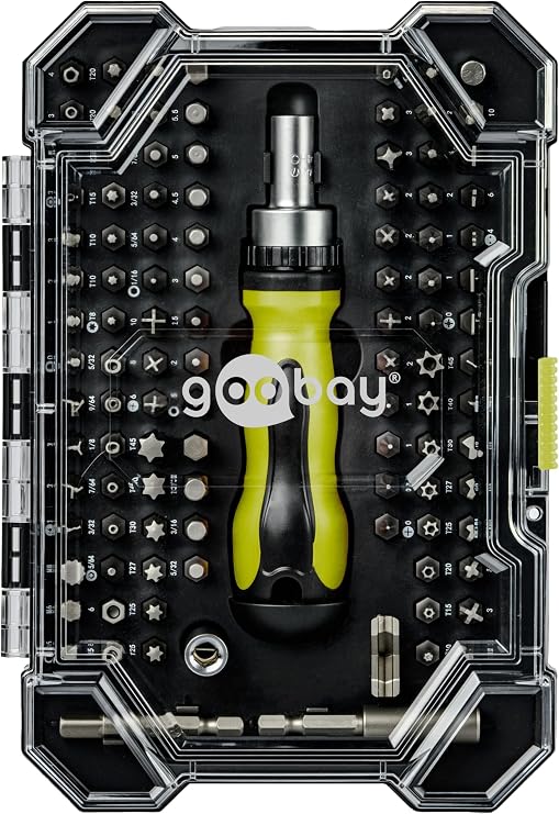 goobay 100-Piece Screwdriver Set with Ratchet Function/Precision Bits Made of S2 Steel/Tool Set for DIY Repair & Assembly/Includes Bit Extension & Adapter - 77844