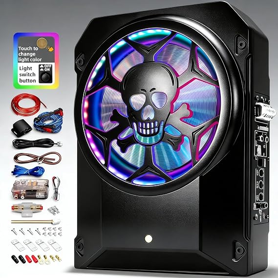 1600W Car Subwoofer, 10" Ultra-Thin Powered Under-Seat Sub with Built-in Amplifier, LPF/Gain/Bass Boost, Touch Control, Physical Switch Rhythm LED Ambient Light, Independent Bass Knob