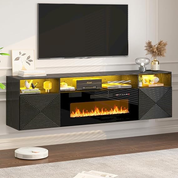 DHMAKER Floating TV Stand with 36" Electric Fireplace, 70" Wall Mounted Fireplace Entertainment Center with LED Lights, Mid Century Modern Media Console for TVs Up to 80", Black