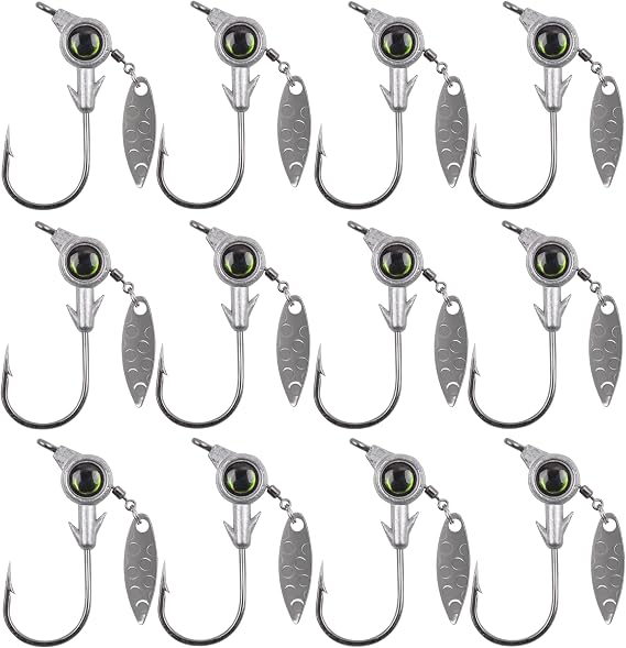 Underspin Jig Heads,12/15pcs Swimbait Jig Heads Fishing Hooks with Underspin Spinner Blades 3D Eyes Swim Bait Crappie Jigs for Bass Fishing Saltwater Freshwater