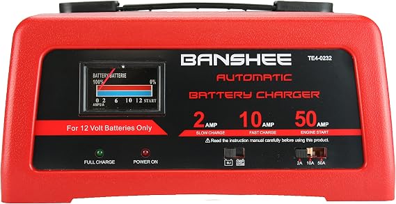 12V Smart Battery Charger and Engine Starter, 2/6/10A Charge, 50A Start