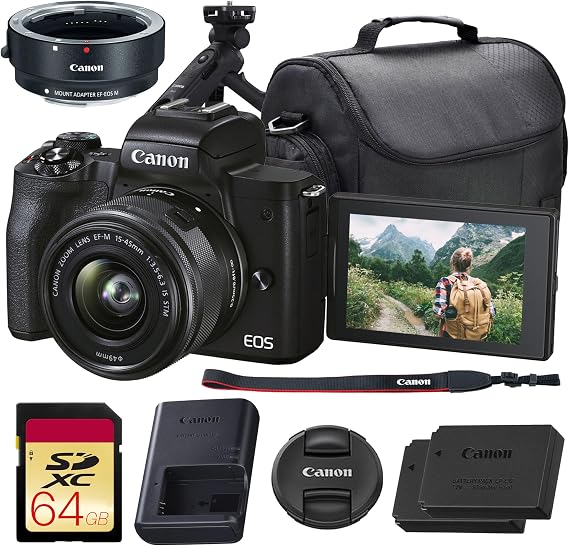 Canon EOS M50 Mark II Mirrorless Camera with 15-45mm Lens (Black)| 24.1MP APS-C, Dual Pixel CMOS AF, 4K Video & Vari-Angle Touchscreen| For Vlogging & Content (4728C006) + HG-100TBR Tripod Grip + More
