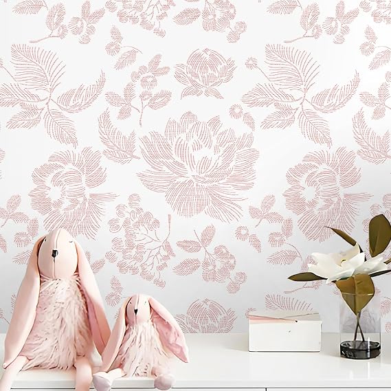 Safiyya Floral Peel and Stick Wallpaper Pink and White Contact Paper 17.3"x 197" Modern Wall Paper Self Adhesive Farmhouse Removable Wallpaper for Bedroom Bathroom Vinyl Roll