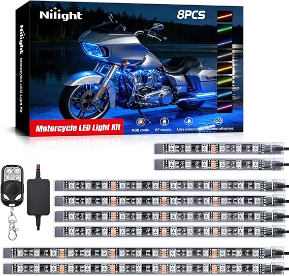 Nilight 8PCS Motorcycle RGB Led Light Kit Waterproof Multi-Color Atmosphere Lights Lamp with 4Key RF Wireless Remote for Harley Davidson Honda Kawasaki Suzuki, (TL-42)