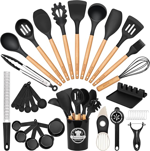 Astercook 39 PCS Kitchen Utensils Set, Silicone Cooking Utensil Sets with Wooden Handle, 446F Heat Resistant Food Grade Spatula Set, BPA Free Kitchen Gadgets Tools Set & Spoons for Nonstick Cookware