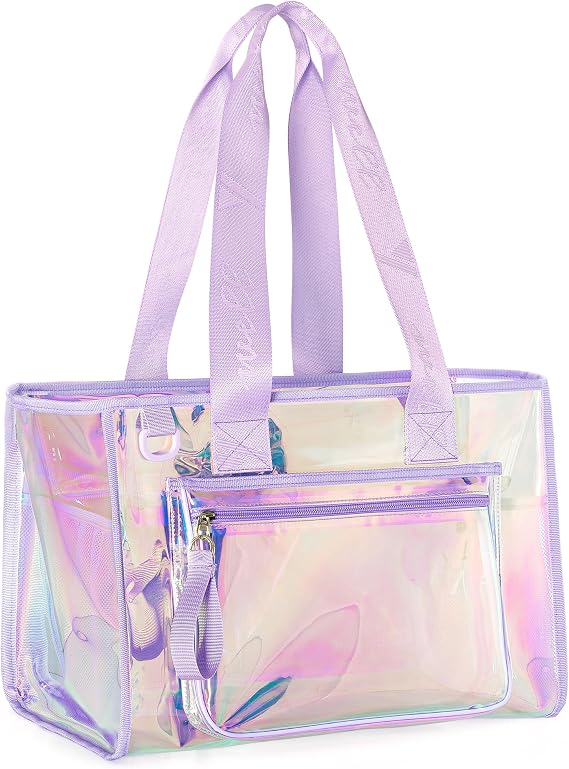 YARWO Clear Beach Bag for Women, Large Iridescent Tote Bag with Phone Pouch